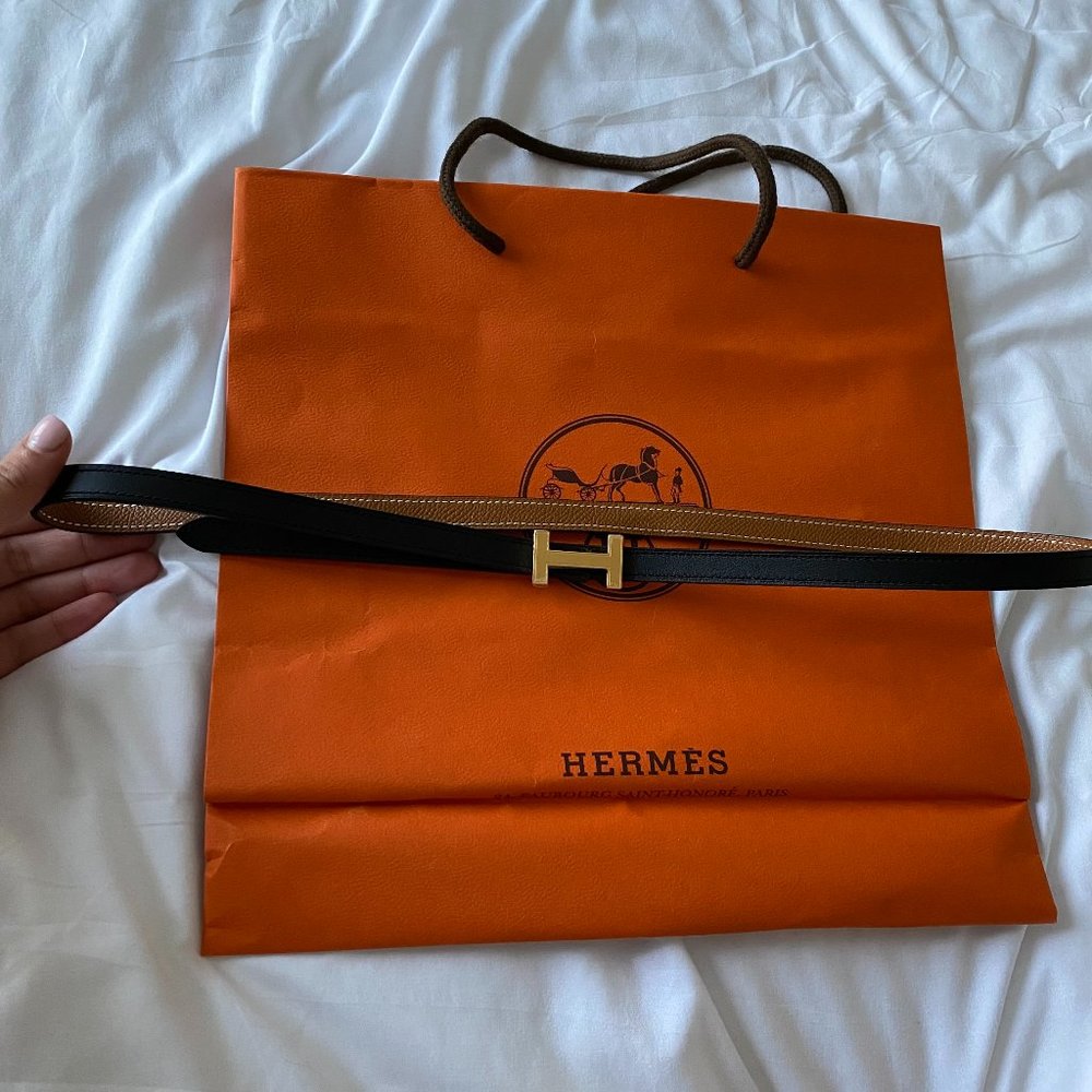 Hermès Reversible Leather Strap 13 mm, Noir/Gold, Size 85